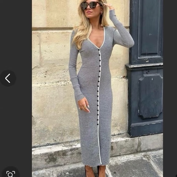 Zara Navy & White Stripe Long Sleeve V-Neck Midi Dress NWOT - Picture 2 of 5